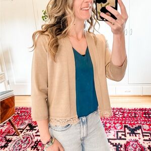 NEW Grace Karin Chic Tan Cardigan with Lace Trim Size small